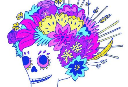 Dessin d'un crane humain avec des fleurs colorées