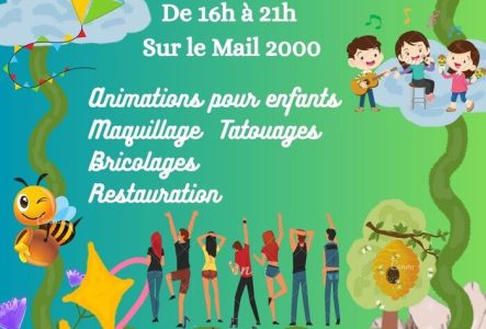Des enfants qui font de la musique, des abeilles avec une ruche, des instruments de musiques et des gens qui s'amusent