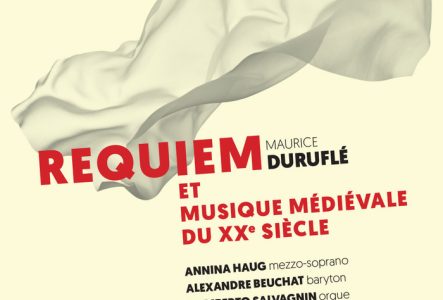 volpe.photography Affiche de la soirée, sur fond jaune on voit un drap qui vole, avec les informations des oeuvres et des noms des solistes au Victoria Hall