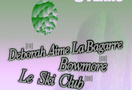 Fond vert dégradé en violet, avec les mots de l'affiche de l'évènement de SKI CLUB 8 YEARS x Collectif Nocturne