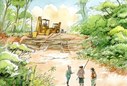 Une illustration en couleur qui représente un engins de chantier qui coupe et débarrasse des troncs d'arbres qui viennent d'être abattus