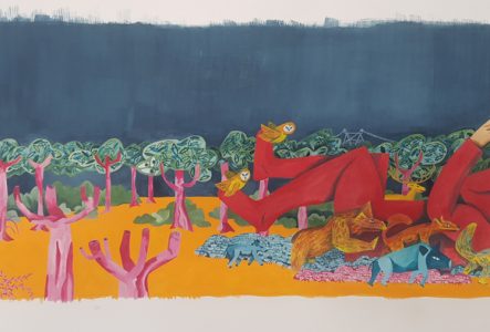 une illustration qui représente un enfant qui perçoit une grande ville derrière des arbres