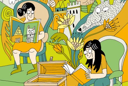 Illustration d'Albertine Barman représentant un groupe d'enfants assis écoutant une histoire
