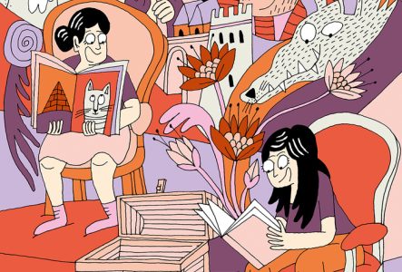 Illustration d'Albertine Barman représentant un groupe d'enfants assis écoutant une histoire