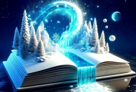 enfant qui lit un livre a côté d'un bonhomme de neige