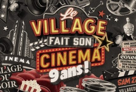village du soir Texte alternatif :
Affiche rétro de style cinéma pour l’événement Le Village du Soir – Fait son Cinéma – 9 ans !.
Visuel en noir et blanc avec des éléments colorés : projecteurs, bobines de film, statuettes type Oscars, fauteuils de cinéma rouges et boîtes de pop-corn.
Le texte principal est en lettres lumineuses façon enseigne de cinéma :
« Le Village fait son Cinéma – 9 ans ! »
Concours : « Déguises-toi comme ton personnage de film préféré ! »
À gagner : « Une nuit et deux jours au Walt…