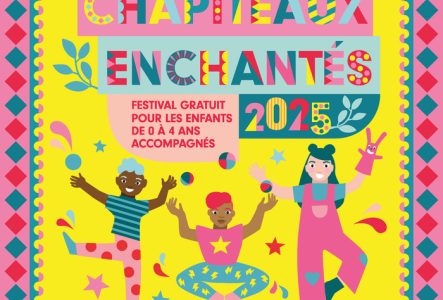 Identité visuelle du festival avec des personnes qui jouent de la musique, lisent des histoires.