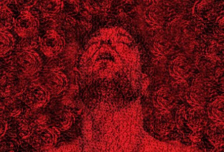 @racinesgraphiques La tête levée au ciel d'un homme entourée de roses rouges. Toute l'affiche est de dominance rouge.