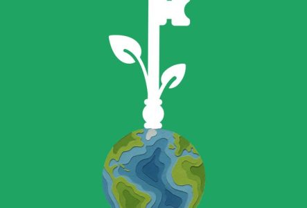 Clé de l'Avenir avec une base en forme de Terre et une clé avec des feuilles