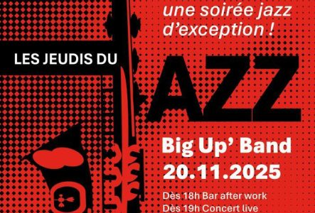 Un saxophone avec du texte indiquant la date, heure et lieu de l'événement