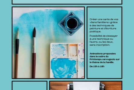 Image d'une machine à écrire ainsi que de pinceaux avec de la peinture à l'aquarelle bleue sur une feuille de papier.