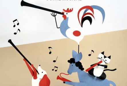 un âne, un chien, un chat et un coq jouent chacun du basson, de la flûte du hautbois et de la clarinette. Le chat est sur le dos de l'âne et le coq est sur la tête de l'âne. Le chien est debout devant.