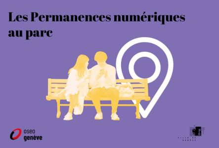Visuel de présentation de l'événement Les Permanences numériques au parc, représentant 2 personnes sur un banc, devant un pictogramme symbolisant la localisation