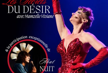 Affiche du spectacle de fin d'année de l'école de danse Secret Follies. On aperçoit MamZelle Viviane dans un costume rouge à paillettes et aussi Abat-Nuit avec ses lumières sur la tête.