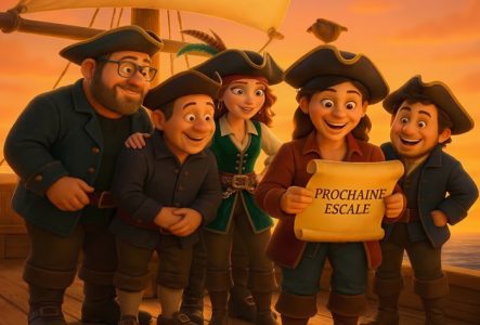 Affiche du spectacle d'improvisation « L'escale des pirates ». 

Au premier plan, cinq joyeux pirates en habits traditionnels (tricornes, vestes bleues, rouges et vertes) sont rassemblés sur le pont en bois de leur bateau. Le pirate central, au visage réjoui, tient et lit un vieux parchemin sur lequel est écrit : « PROCHAINE ESCALE ». Les autres pirates l'entourent, curieux et souriants.

À l'arrière-plan, sous un chaleureux coucher de soleil doré, la grande voile beige du navire arbore un…