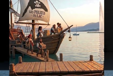 Affiche du spectacle d'improvisation « L'escale des pirates ». 

Au premier plan, une estrade de théatre fiche qui présente le nom du spectacl.

À l'arrière-plan, sous un chaleureux coucher de soleil doré, la grande voile beige du navire arbore un grand logo de la troupe sur la voile pendant que les pirates rangent gentillement leur navire pour descendre faire escale.