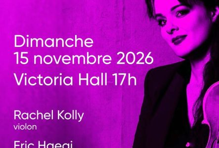 Sur un fond violet, on voit la soliste Rachel Kolly et les informations sur le concert.