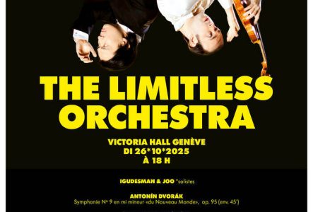 Sandy Dubois Affiche du concert, sur fond noir et avec les deux solistes la tête à l'envers
