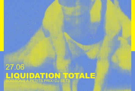 Le Rez Usine Affiche avec une image de gymnaste en bichromie bleue et jaune, avec la mention "27.06, liquidation totale, boissons à petit prix et DJ sets"
