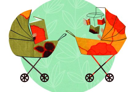 Olga Fabrizio une illustration d'Olga Fabrizio qui represente deux poussettes avec des bébés en interaction avec des livres