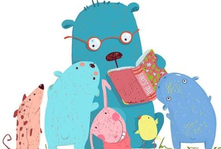 Un dessin d'animaux qui écoutent la lecture d'un livre