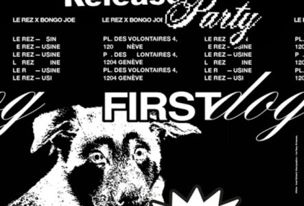 L'Osmose Affiche noir det blanche indiquant "L'Osmose + Guest, Relase Party", avec une image de chien