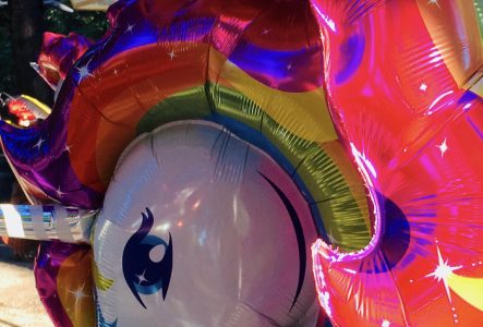 Un tas de balons colorés, on voit en premier plan une licorne sur les tons fucsia et arc en ciel.