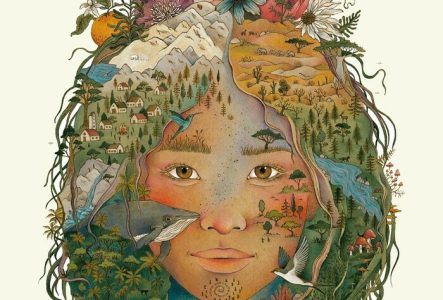 Une image en couleur constituée de deux illustrations superposées : un visage d'enfant et un paysage de nature luxuriante