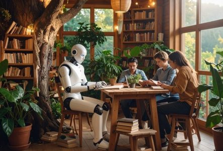 Image générée par ia d'un groupe de personnes, dont un robot, autour d'une table en train de lire. Iels sont dans un intérieur rempli de livres, de plantes et très lumineux
