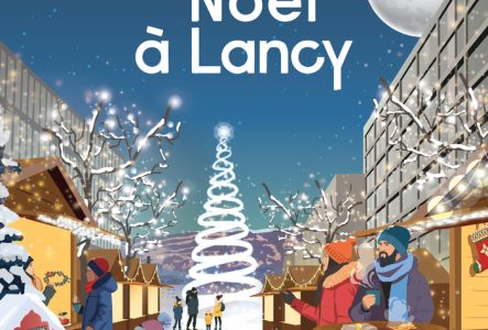 DR Nous voyons des chalets sur une place avec des personnes qui mangent, boivent, achète des cadeau ou postes des lettres au Père Noël
