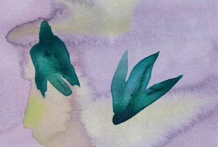 Aquarelle réalisée par Marie Ducaté : on y voit des oiseaux sur un fond violet jaune