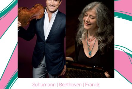 Nouvelle date pour ce concert de Martha Argerich & Renaud Capuçon. Sur un fond rose, affiche de la soirée.