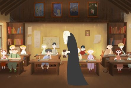 Dans le dessin on voit des enfants assis en classe alors que l'instituteur en tunique noir tient un volume dans ses mains