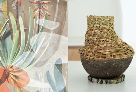 À gauche, détail d’une peinture botanique de Clarissa P. Valaeys aux couleurs translucides. À droite, vase de Lisa Novel associant une base sombre et des fibres végétales tressées.