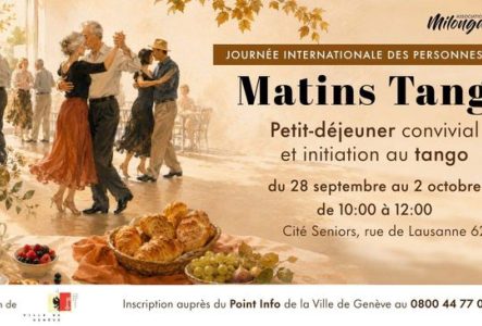 Couple dansant le tango dans un milonga, avec le titre et les dates de l'événement.Couple dansant le tango dans un milonga, avec le titre et les dates de l'événement.