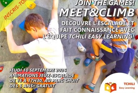 Visuel de l'évènement Meet&Climb automne '26 représentant des enfants grimpant sur un bloc d'escalade