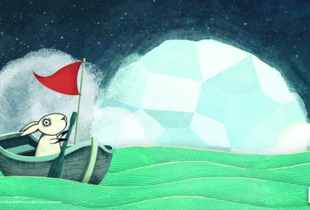un lapin naviguant sur un bateau à voile rouge observant les astres