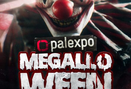 Village du soir Un clown effrayant en premier plan, "megalloween experience 25.10.2025" palexpo & village du soir