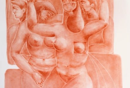 Dessin en tons rouge terre représentant un groupe de figures humaines imbriquées. Plusieurs visages de profil et de face s’entrelacent autour d’un corps central féminin, avec des mains, des formes géométriques et des motifs répétitifs.
