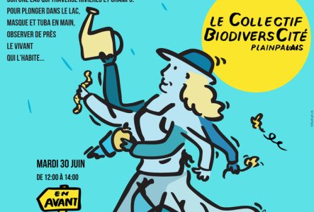 Un personnage sur un fond bleu, rappel au lac, parsemé de gouttes d'eau, va de l'avant (panneau : en avant) invitant à prendre attention à la biodiversité qui partage son territoire, portant arrosoir, lombric et fleur avec un soleil dans lequel est inscrit le nom du collectif BiodiversCité.