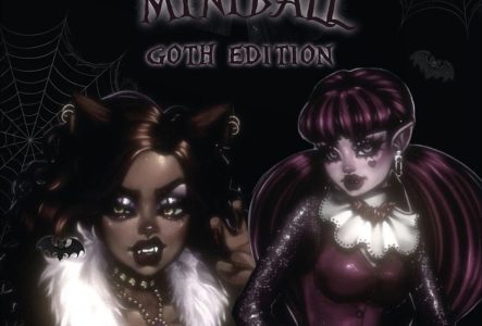 Collectif Nocturne Affiche du “Revlon Dolls MiniBall – Goth Edition” prévu le 24 août 2025 au Groove, Genève. Deux personnages féminins dessinés dans un style gothique et fantastique : l’une avec des oreilles et crocs de loup-garou, collier et fourrure blanche ; l’autre avec peau violette, couettes, oreilles pointues et maquillage sombre. Toile d’araignée et chauves-souris décorent le fond noir.