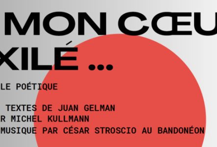 Titre du spectacle sur un fond gris et un rond rouge