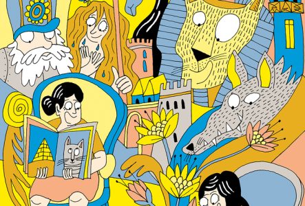 ©MAH Illustration d'Adrienne Barman représentant un groupe d'enfants assis écoutant une histoire