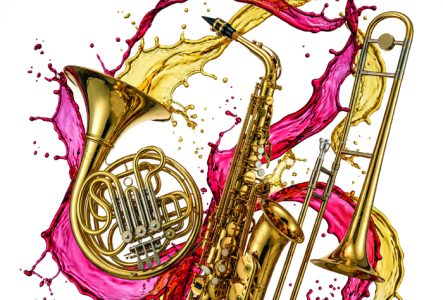 Affiche de la soirée avec un cor, un saxophone et une trompette