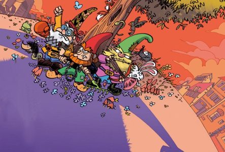 illustration couleur, mains, gnomes, arbre