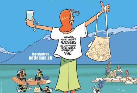 Une illustration représentant un groupe de personnes entrain de ramasser des déchets sur les rives du Léman.