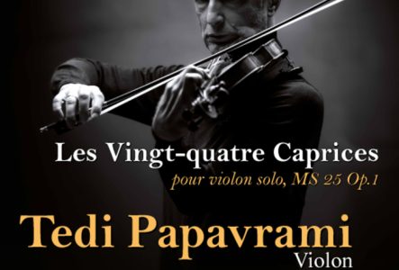 DE Affiche de la soirée sur fond noir, au programme Niccolò Paganini
Les Vingt-quatre Caprices , pour violon solo, MS 25 Op.1
par l'artiste en photo M. Tedi Papavrami - Violon le Mercredi 26 mars à 19h.30 au Victoria Hall
