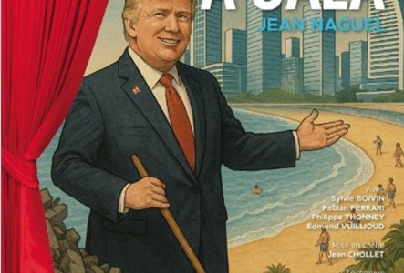 Une plage bordée de grands immeubles et à gauche de l'image Donald Trump souriant avec un balai dans les mains devant un tas de gravats.
