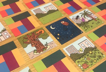 Cartes du jeu de mémory dessiné par Maud Oïhénart et disposées sur une table, certaines à l'envers et d'autre à l'endroit