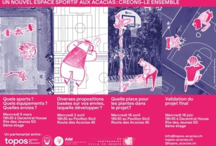 Copie d'un flyer présentant le nouvel espace sportif. Tonalité rose et violette, des personnages dessinés par-dessus des photos de l'espace font différents sports.